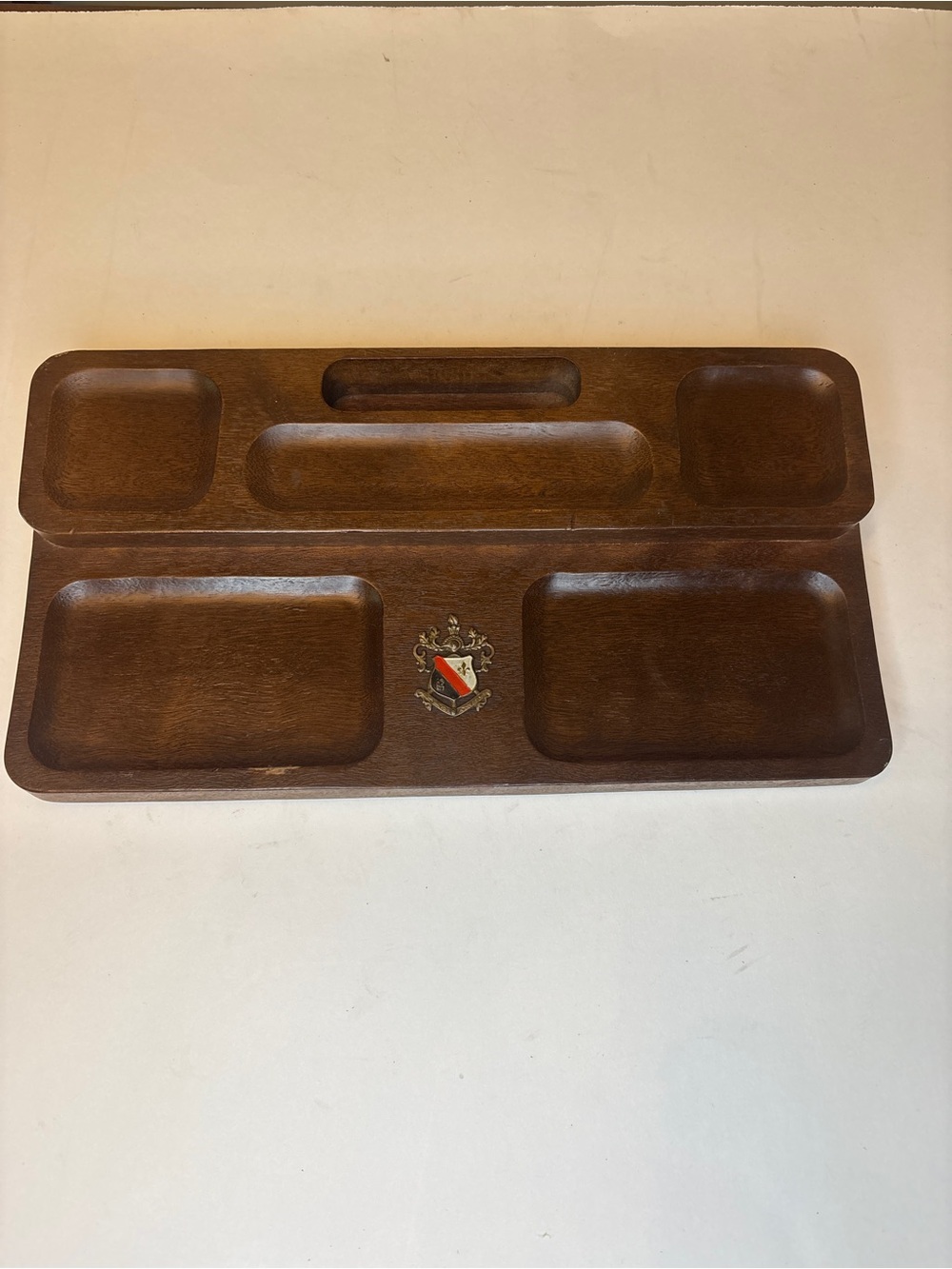 Wooden Compartment Desk Tray with Crest - Brown